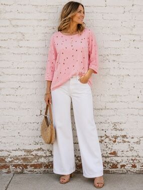 LOFT Pink Eyelet Cutout Knit Top Petite Large LP 3/4 Sleeve